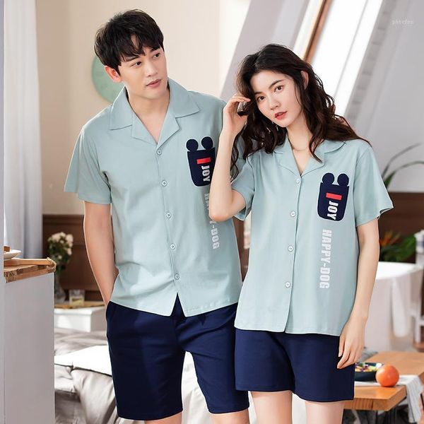 

short sleeve pajamas summer couple sleepwear 100% cotton printing fashion pyjamas set1, Black;red