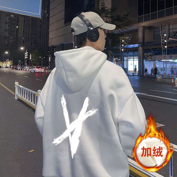 

net red fried street sweater men's chic thick plush autumn winter hoodie ins trendy loose coat, Black