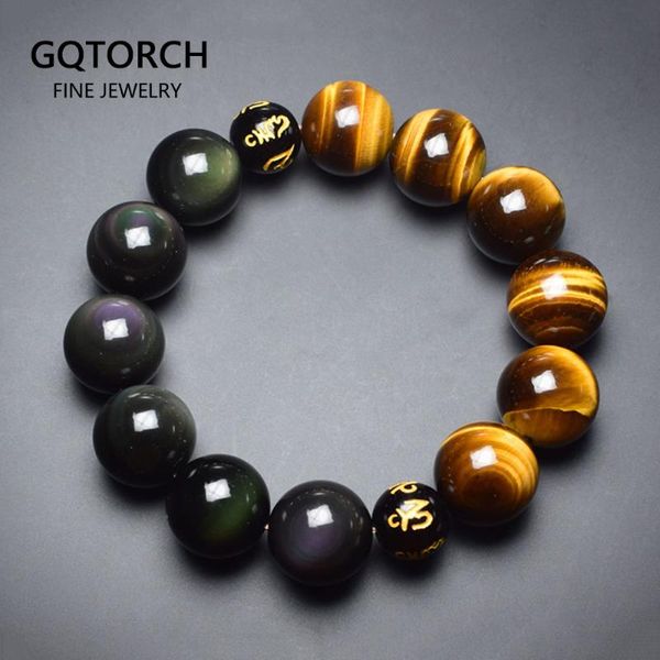 

mens расстояние браслет из природного камня черного обсидиана и тигр глаз с шести слов ом мала бисер браслет 12мм-20см, Black