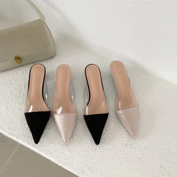 

transparent slippers women luxury shoes pantofle slides pointed toe square heel med low jelly flip flops designer 2021 block, Black