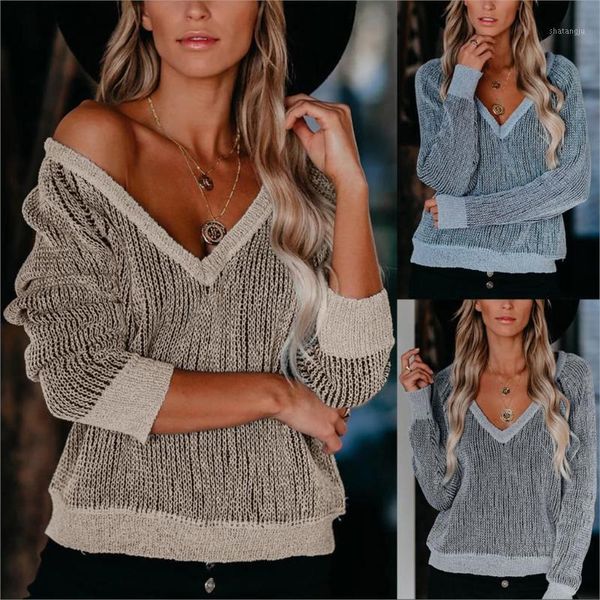

women's solid color sweater knitted sweater v-neck loose pullover wild1, White;black