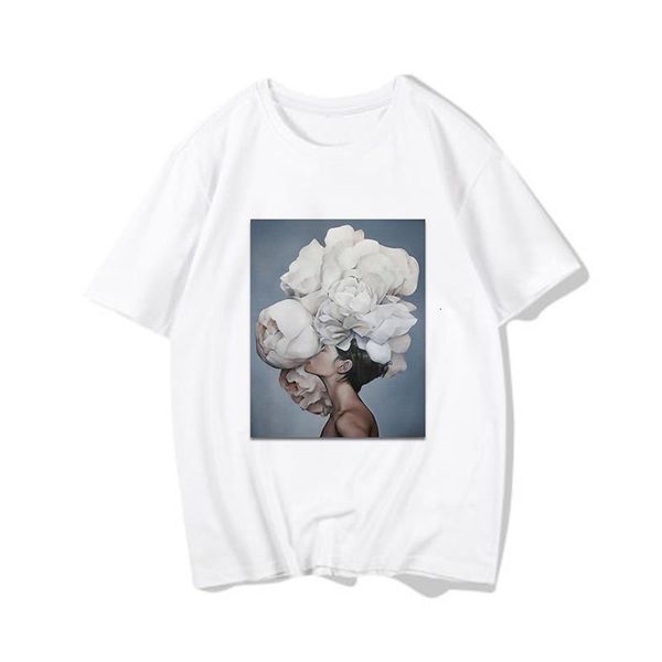 

female t-shirt harajuku aesthetic feather flowers printing fashion women's t shirt short sleeve tee shirt casual women's t-shirt, White