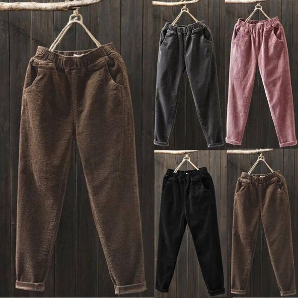 

fashion women corduroy pants 2020 autumn winter elastic waist plus size loose harem pants long pants with pockets lj201130, Black;white