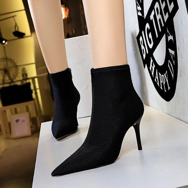 

2020 european and american style fashion stiletto high heel boots pointed woolen nightclub slim winter women's short boots, Black