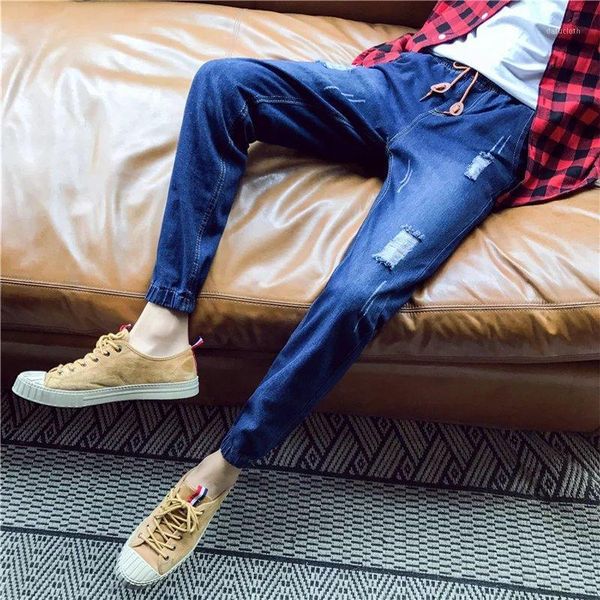 

new 2020 fashion denim casual elastic waist ripped hole men's jeans harem stretch korean pants youth wild cat whiskers trousers1, Blue