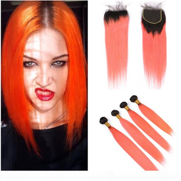 

#1b orange ombre virgin hair closure with 4bundles dark roots orange ombre brazilian straight weaves human hair bundles with lace closure, Black;brown