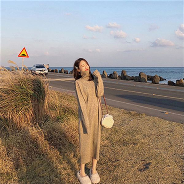 

2021 fashion knitted new turtle turtleneck dressed low basic sweater loose women's sleeve autumn long winter dress in niyv, Black;gray