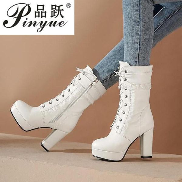 

белые сапоги cos обувь шнуровка мартин сапоги женщины платформы толстый каблук plus размер high-leg женская обувь, Black