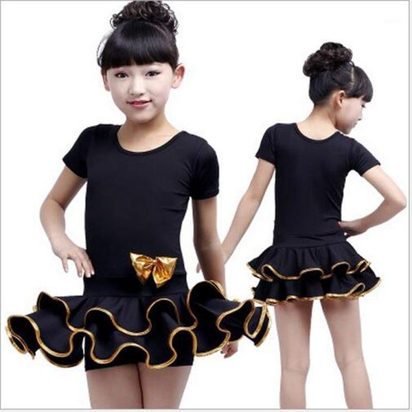 

2020 latin dance costumes for girls training & performing short sleeve fringe latin dress one piece skirt children tango dress1, Black;red