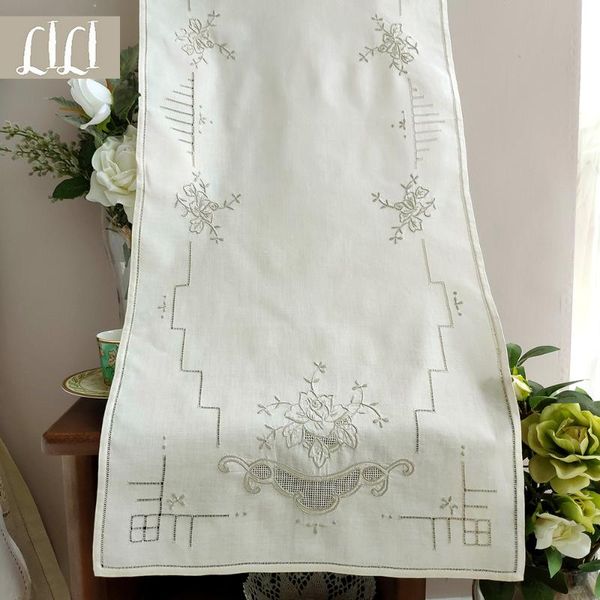 

table cloth hand-embroidered drawnwork beige cotton tablecloth