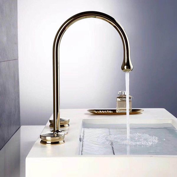 

bathroom sink faucets basin faucet gold paint brass 3 holes double handle luxury bathbasin bathtub tap and cold water mixer