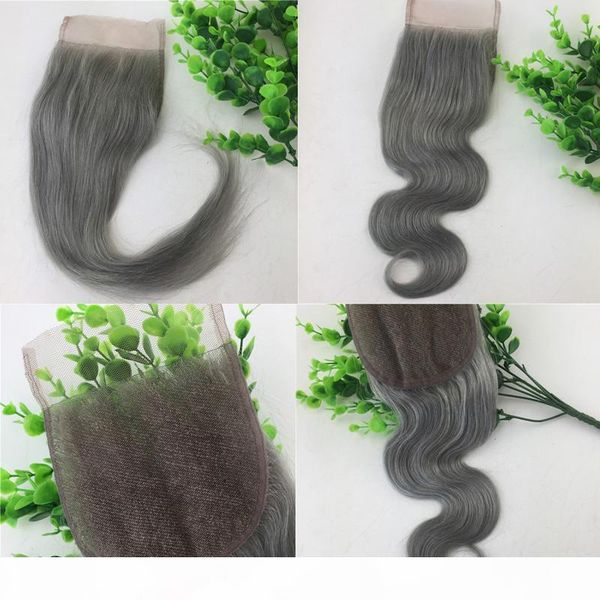 

4x4 lace closure grey human hair brazilian virgin hair straight body wave bleached knots part swiss lace, Black