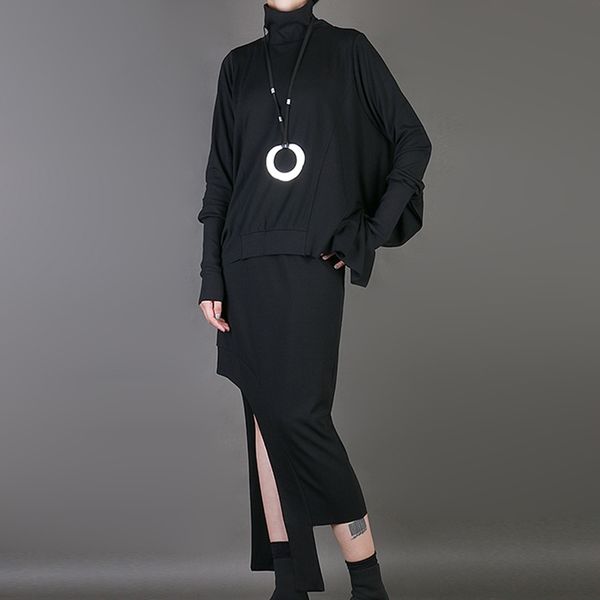 

[eam] new spring summer high collar brief long batwing sleeve black loose big size sweatshirt women fashion tide jy048 201207