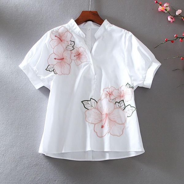 

embroidery flower blouses shirts women spring summer style chiffon v-neck short sleeve blusas zz0395, White