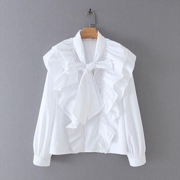 

women chic bow tie collar white blouse ruffles long sleeve office wear female shirt elegant solid blusas
