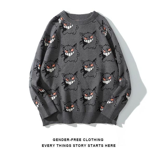 

fashion casual couple male sweaters harajuku gengar hip hop streetwear men clothing spandex pullover o-neck oversize sweater men, White;black