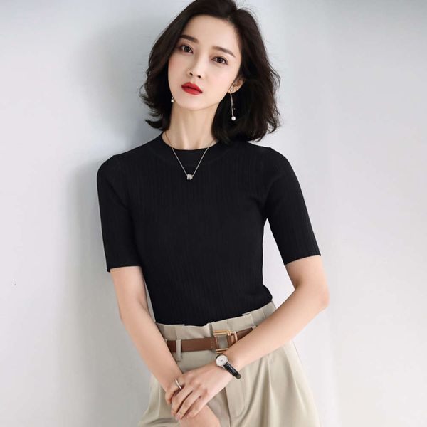 

black knitwear t-shirt for women's slim 2020 summer, White;black