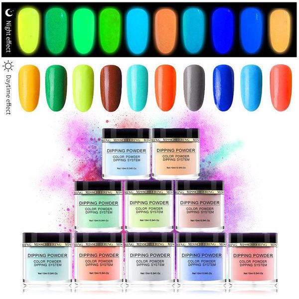 

nail glitter 10colors10ml luminous dipping powder set fluorescent neon phosphor colorful art pigment 3d, Silver;gold
