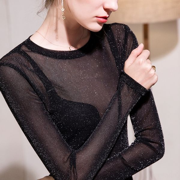 

сетка женщин дна с небольшим круглым вырезом и длинный рукав эластичной плотной рубашки в top shirtsilk рубашки осенью и wintersexy перспект, White