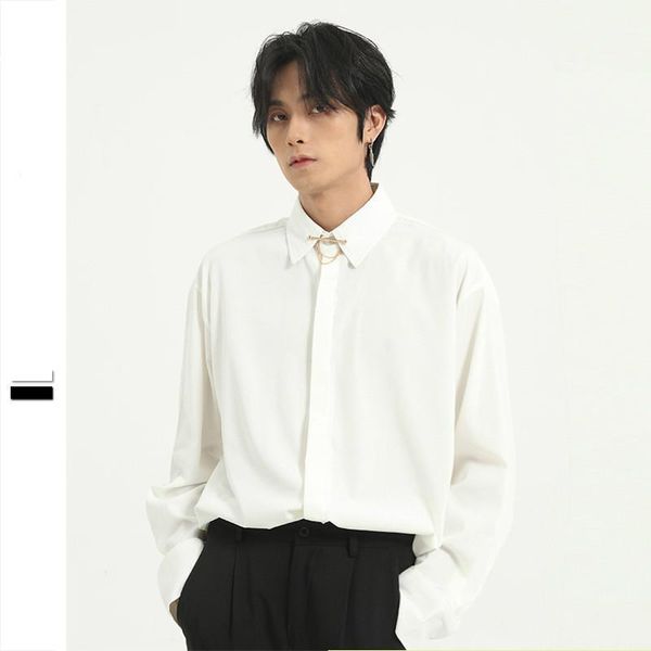 

men's casual shirts male solid color japan korea streetstyle dress men metal decoration long sleeve business shirt1, White;black