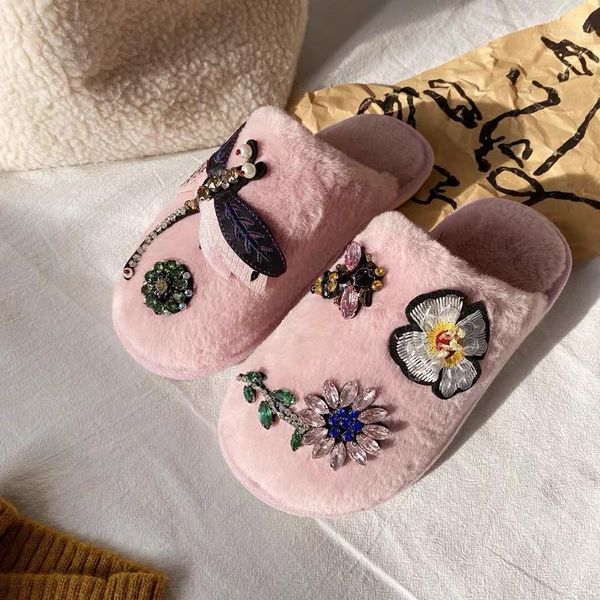

slippers 2021 fashion women winter slipper luxury rhinestone home warm soft indoor shoes flat plushflower shoe fur woman slides1, Black