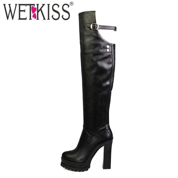 

boots wetkiss big size 33-43 over the knee women super high heels shoes woman zip winter platform buckle strap rivet, Black