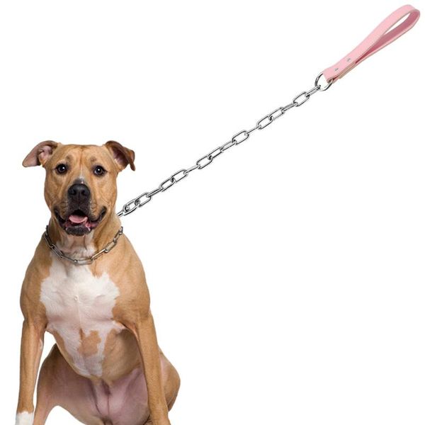 

durable dog chain leash small large dogs walking lead rope collar harness leashes with leather handle golden color pet wmtpjb
