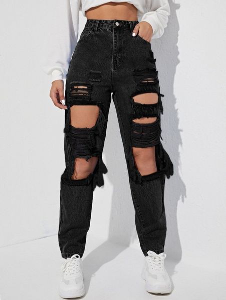 

high waist cut out ripped frayed straight leg jeans m0rq#, Blue