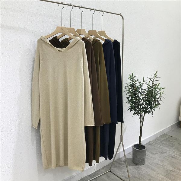 

casual dresses korean fashion clothing solid hooded loose plus size dress women winter sweater knitted skirt for teens student, Black;gray