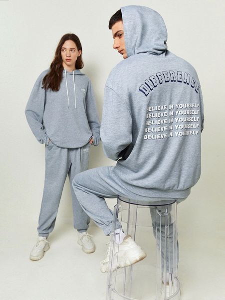 

1pc letter graphic hoodie & sweatpants set u1vg#, Gray