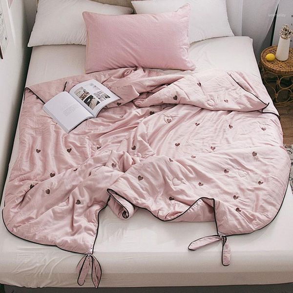 

comforters & sets solid summer thin quilt simple embroidery love tencel air conditioning cute bow fresh nap blanket fashion tender1