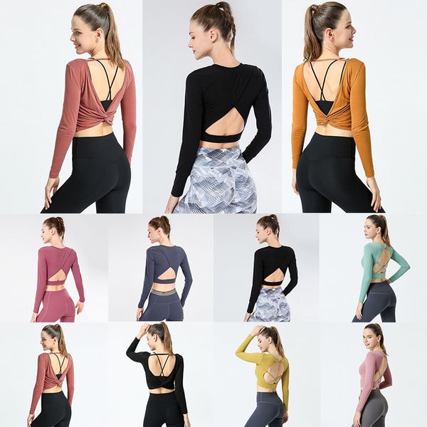 

2021 autumn and winter long-sleeved yoga clothes women halter fitness tight-fitting beautiful back sports t-shirt training wear, White;red