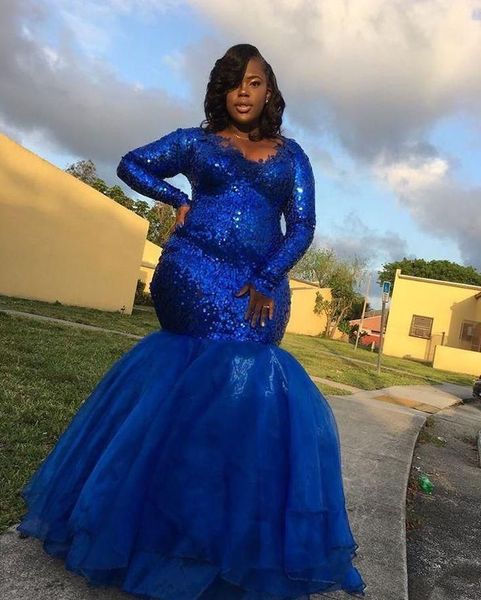 Afrikanische schwarze Mädchen Royal Blue Mermaid Ballkleider Bling Bling Long Sleeves Top Pailletten Organza Rock Plus Size Abend formelles Damenkleid