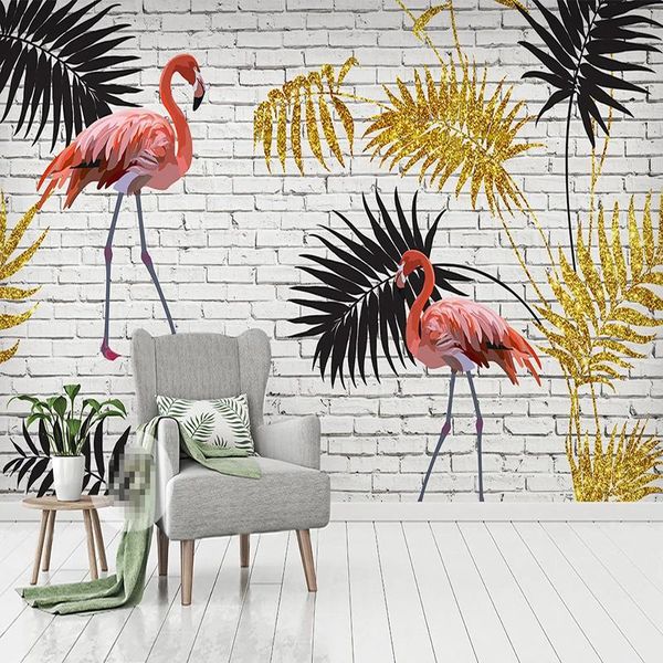 

custom 3d mural wallpaper white brick wall golden leaves flamingo p background wallpapers for living room bedroom home decor