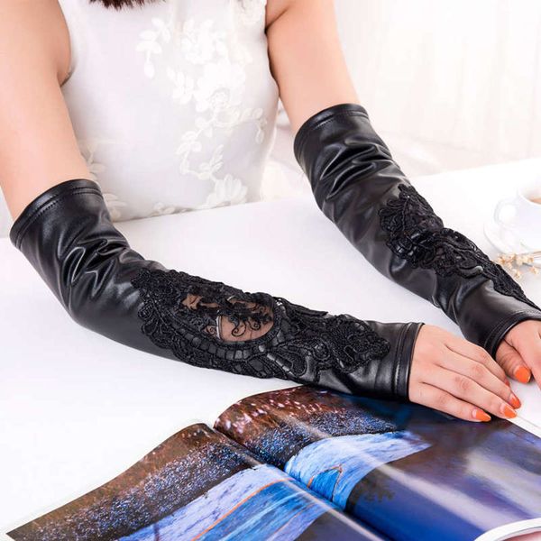 

leather plush quality new gloves high fashion trend women' warm gloves creative lace lace lace leather sleeve, Blue;gray