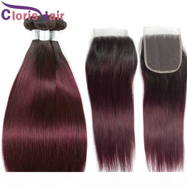 

burgundy ombre malaysian virgin hair weave 3 bundles with closure pre plucked 1b 99j straight human hair 4x4 lace closure with extension, Black;brown