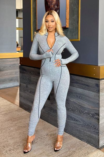 

ff1046 solid color european and american women's alphabet embroidery, tight-fitting stitching long-sleeved jumpsuit, Black;white