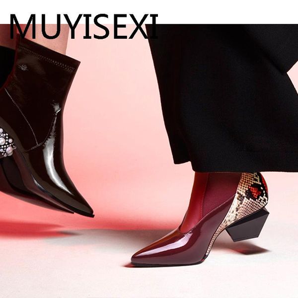 

boots mixed colors genuine leather pointed toe 6cm high strange style heels sweet office work lady european ankle hl322 muyisexi, Black