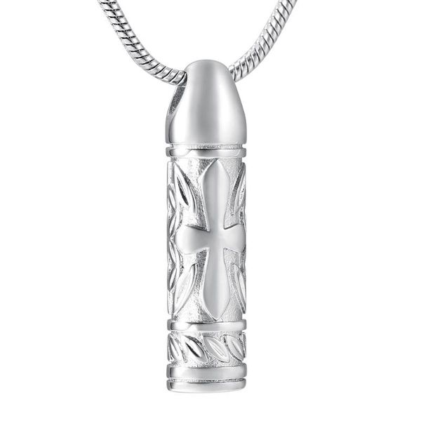 

k001 cross cylinder urn necklace for ashes pendant stainless steel pet/human memorial cremation jewelry for men women, Silver