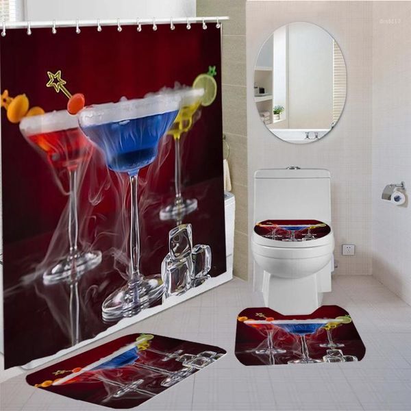 

3/4 pieces cocktail champagne shower curtains set red wine carpet toilet mat 3d print colorful bedroom bathroom non-slip set1