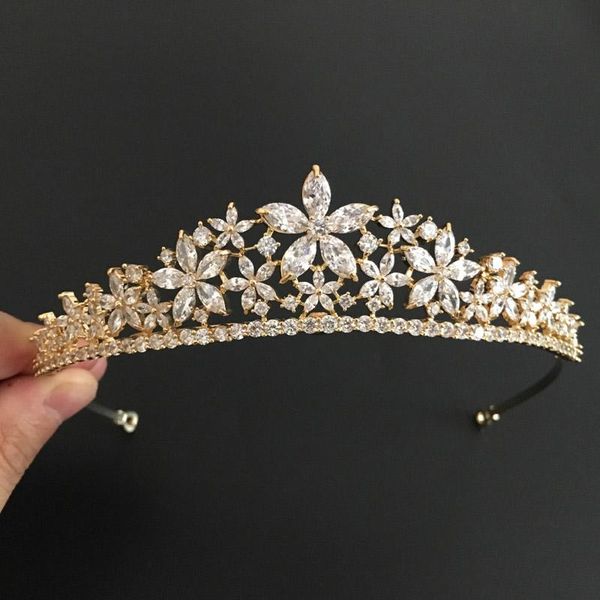 

slbridal golden vintage gold clear cubic zircon wedding tiara cz bridal queen princess pageant royal party crown women jewelry, Golden;silver