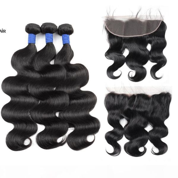 

brazilian body wave virgin hair bundles with closure 13x2.5 lace frontal bundles wet and wavy body wave lace front weaves closure, Black