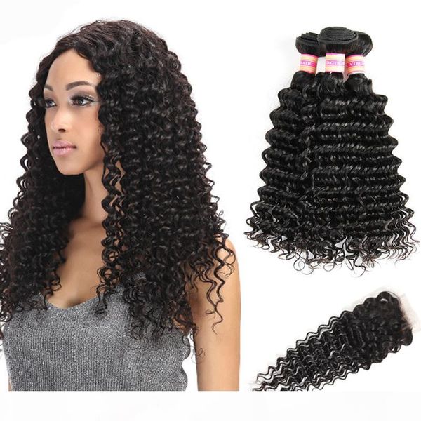 

9a unprocessed brazilian virgin hair deep wave with 4*4 lace closure wet and wavy human hair extensions 3 or 4 bundles with closure, Black;brown