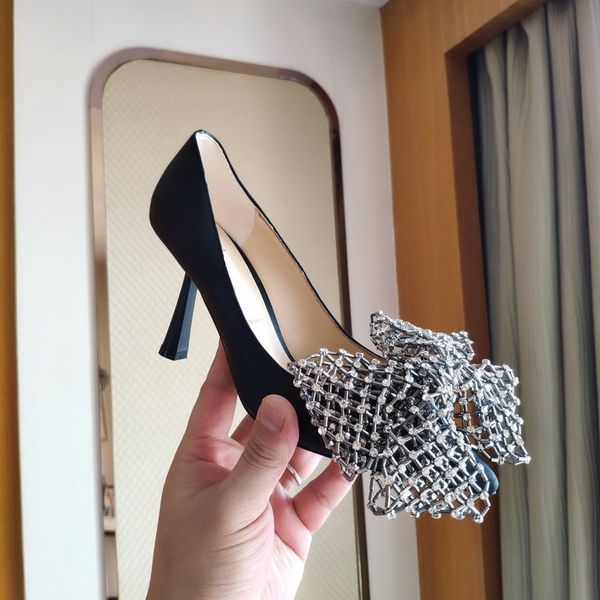 

designer luxury shoe womens high heels genuine leather glitter rhinestones bowtie pumps party dress shoes plus size 34-41 8.5cm heel, Black