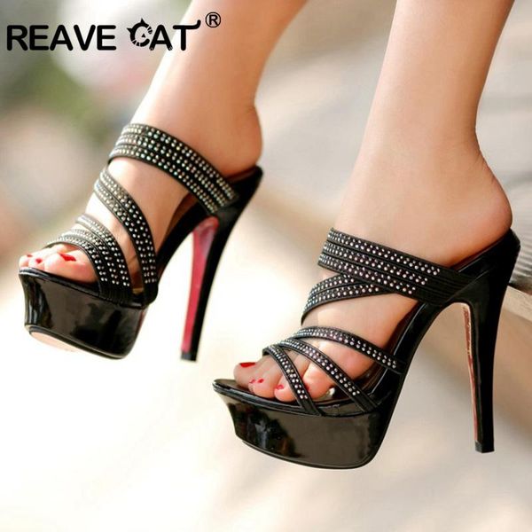 

reave cat woman sandals platform crystal wedding high heels stilettos 13cm peep toe summer shoes party slipper mules black gold