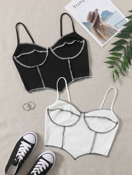 

2 pack contrast stitch crop cami v99b#, White