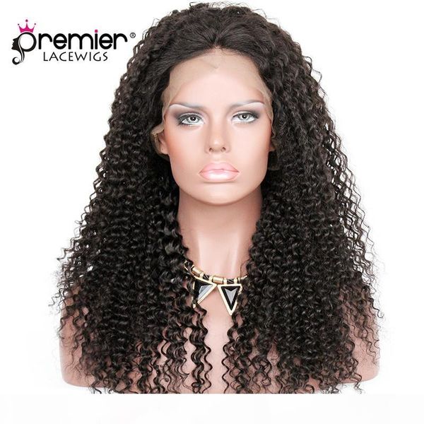 

premier 360 full lace human hair wig brazilian remy hair 12-22 inches kinky curly pre-plucked hairline deep lace part human lace wigs, Black;brown