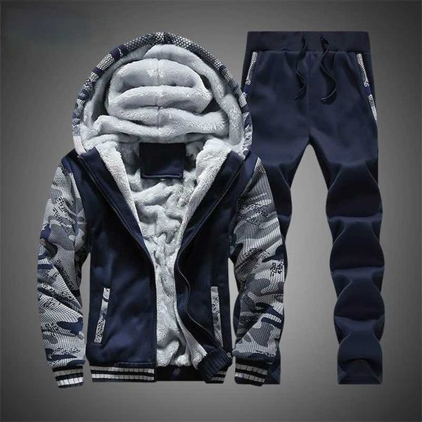 

tracksuit men winter camouflage hoodies casual hooded warm sweatshirts thick fleece 2pc jacket+pant men moleton masculino m-4xl 220114, Black