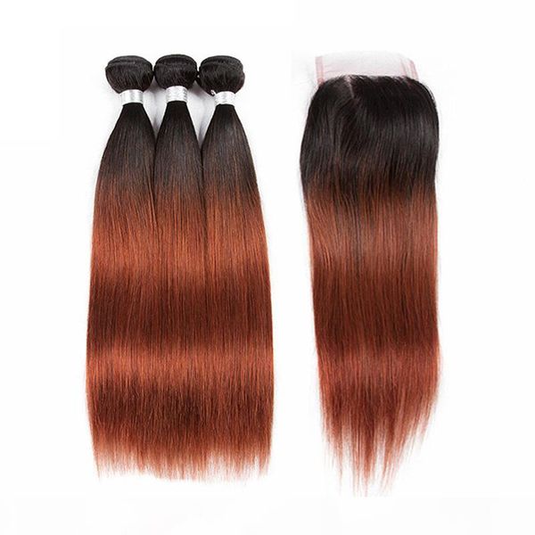 

straight 1b 33 two tone color human hair bundles with lace closure auburn ombre brazilian virgin hair weaves extension with closure, Black;brown