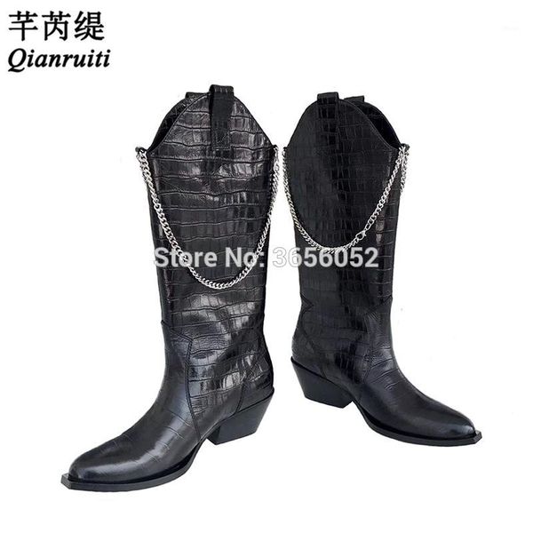

boots qianruiti black brown alligator embossed leather western cowboy botas slip on women shoes cuban block heels mid calf chain boots1